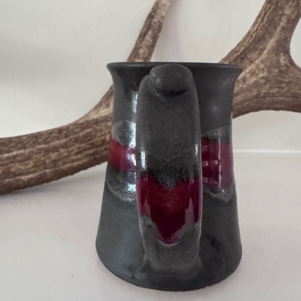 Mountain Art Studio Pottery Mug Matte Black Glossy Red Band Handcrafted Ceramic - Picture 2 of 7